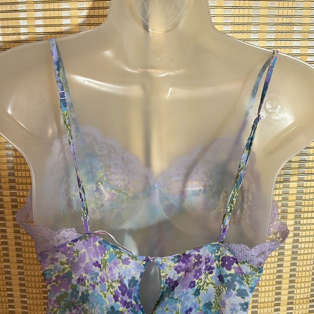 Victoria's Secret Semi Sheer Blue Floral One Piece Bodysuit Teddy Camisole Small - Picture 12 of 16